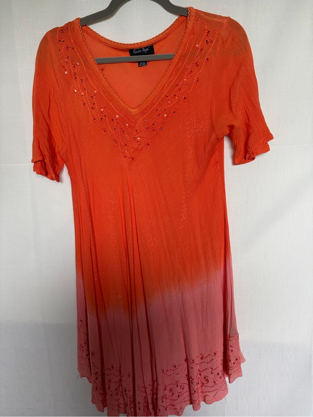 Charlie Paige Orange to Pink Ombre V-Neck Embellished Tunic